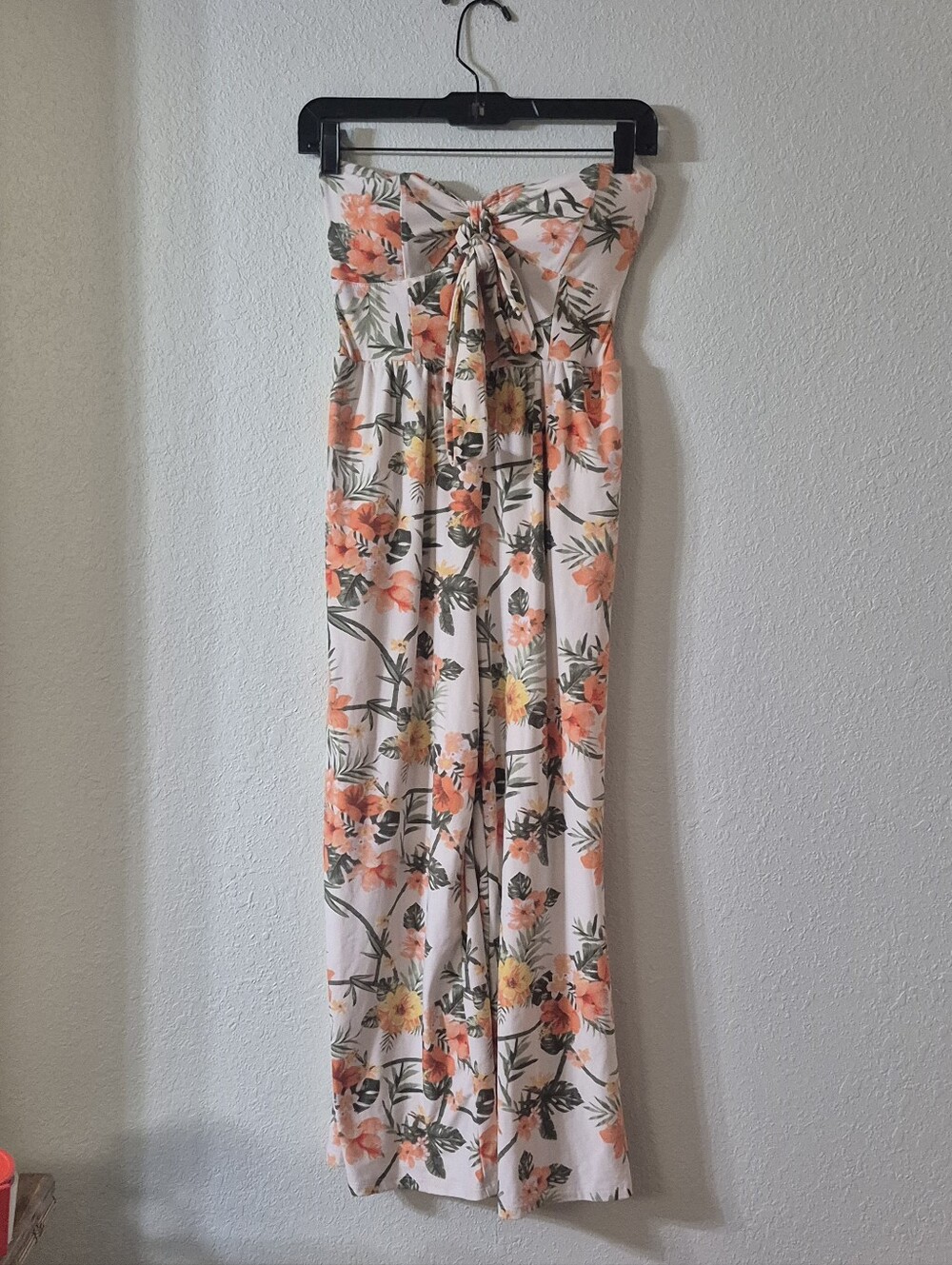 No Boundaries Coral Floral Strapless Wide-Leg Jumpsuit